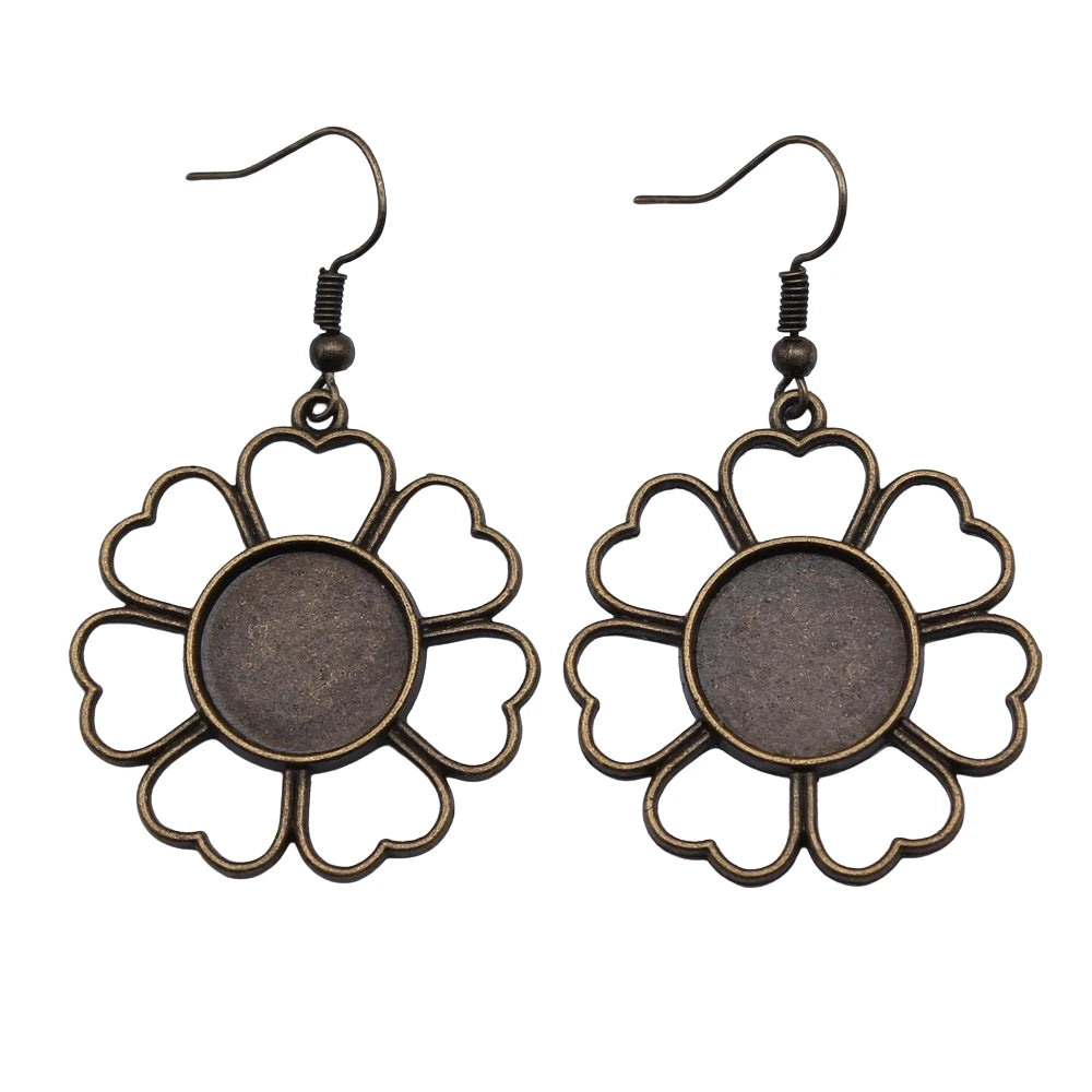 Vintage Bronze Flower Cameo Cabochon Dangle Earrings – 14mm Round, Women’s Party Gift