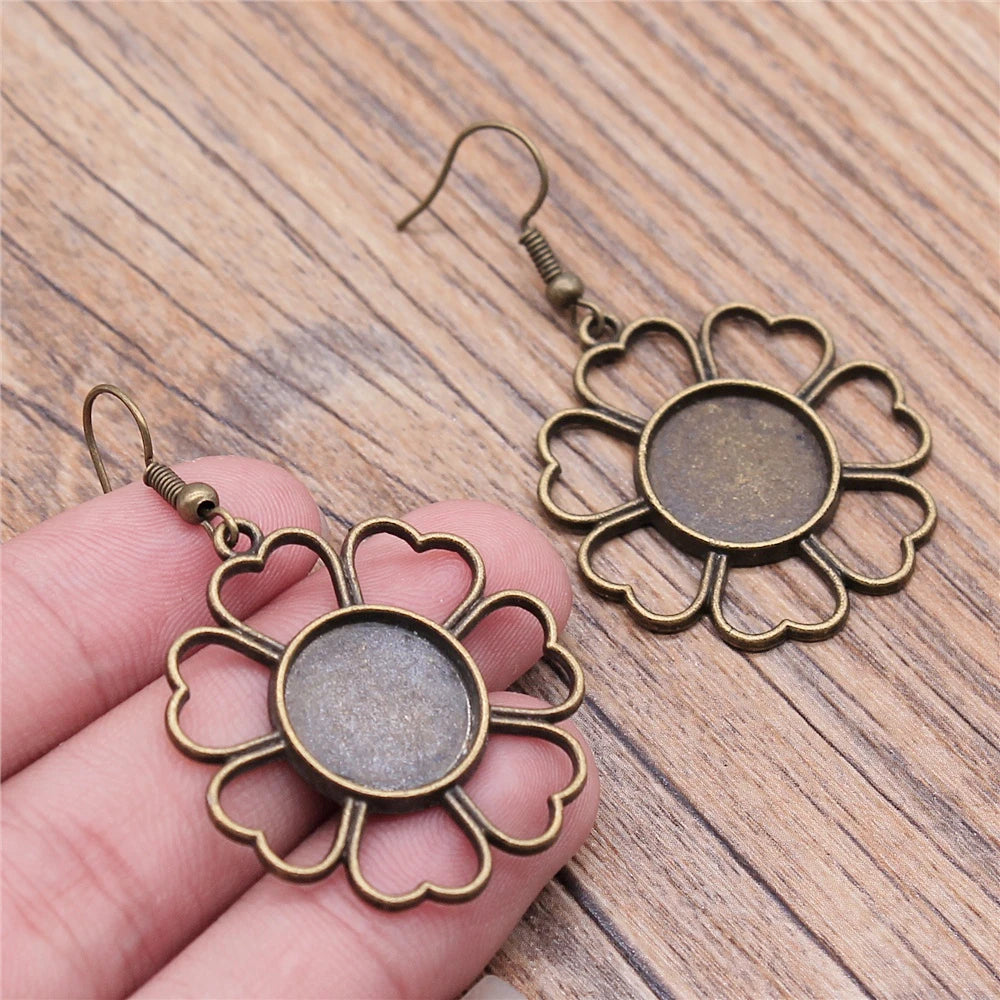 Vintage Bronze Flower Cameo Cabochon Dangle Earrings – 14mm Round, Women’s Party Gift