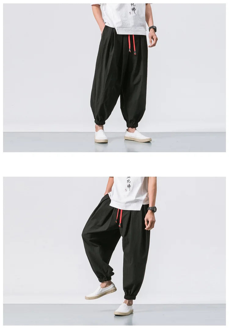 Men’s Oversized Cotton Linen Harem Jogger Pants – Chinese Style, Casual Trousers