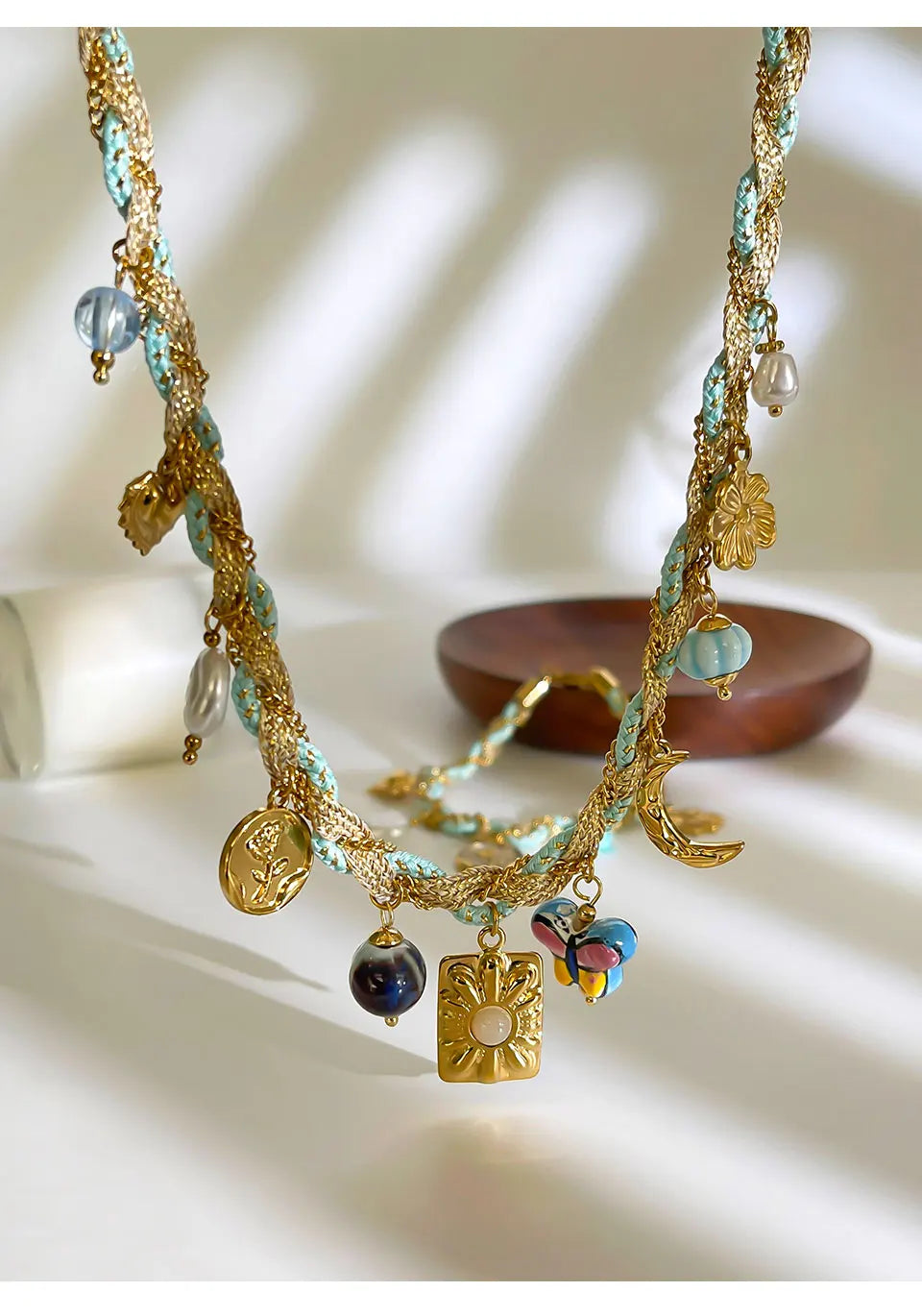 Pearl Acrylic Pendant Necklace & Bracelet Jewelry Set – Woven Chain, Stainless Steel, Party