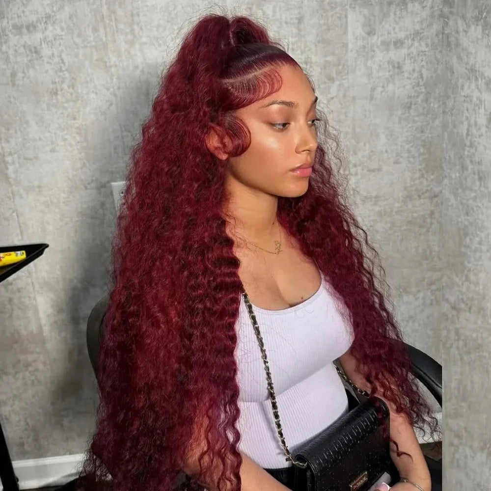 99J Burgundy Deep Wave 13x4 HD Lace Front Human Hair Wig – 16–34 Inch, Pre-Plucked