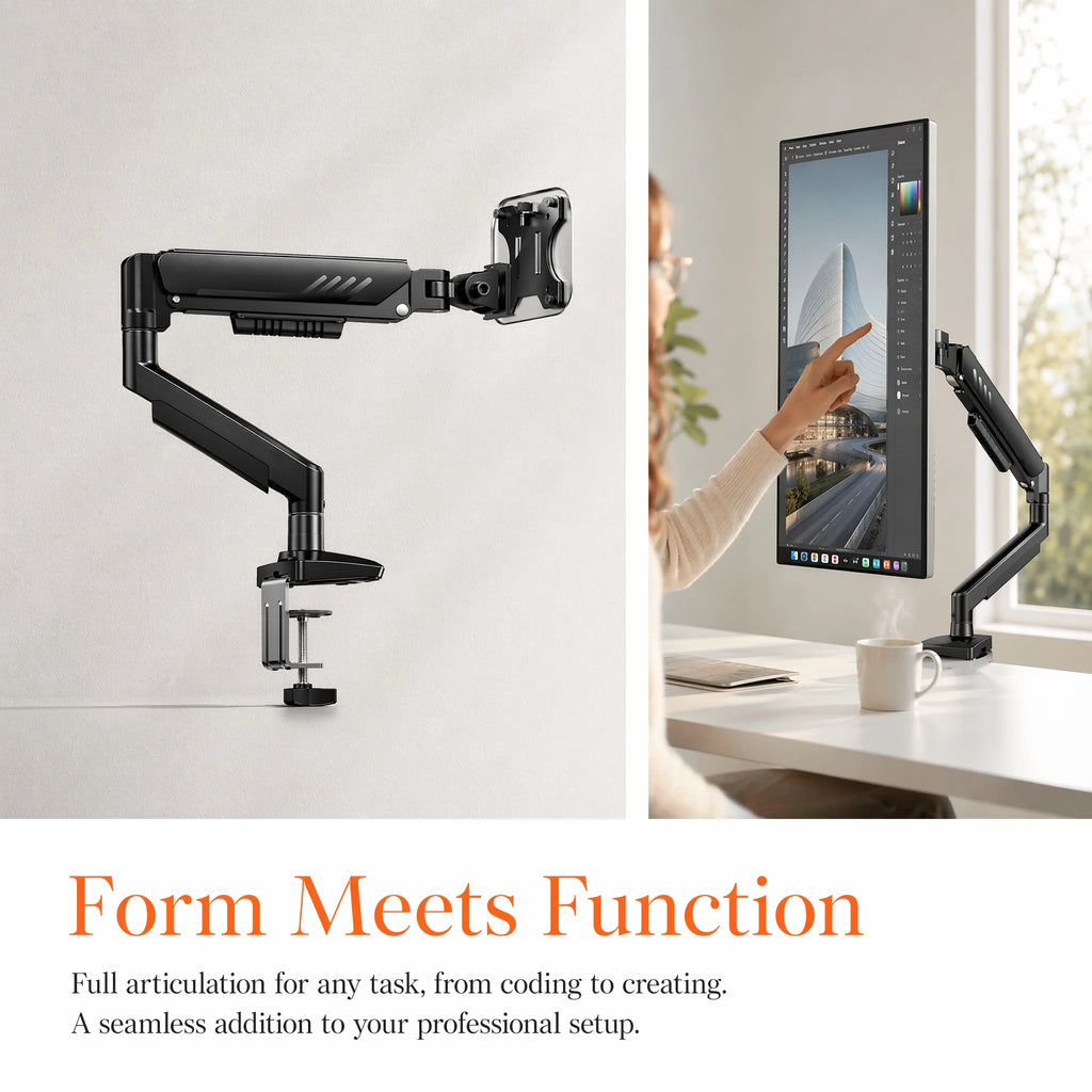 Single Monitor Arm – Gas Spring, 13–34 Inch, VESA 75/100mm, C-Clamp & Grommet, 4.4–19lbs
