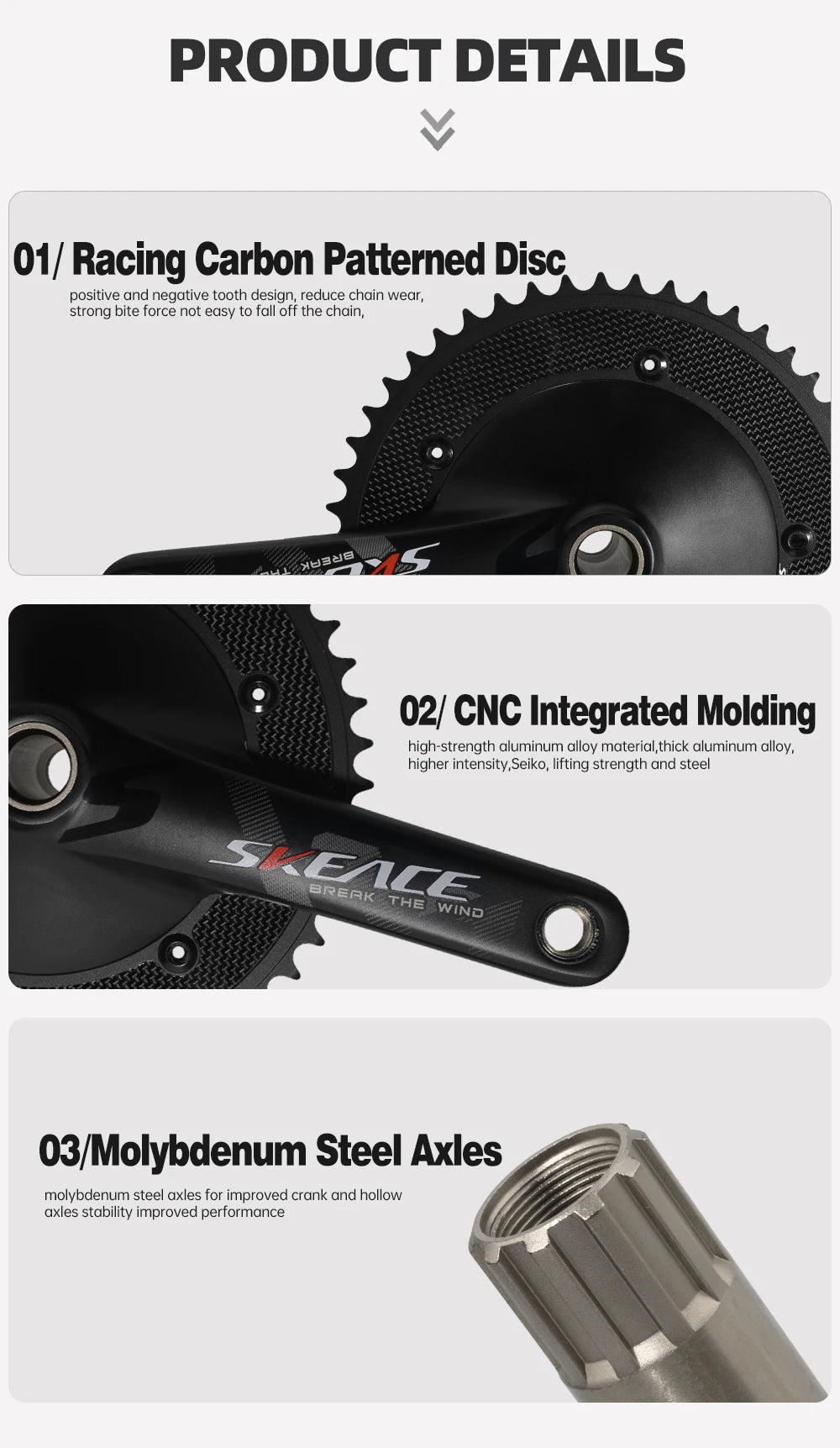 SKEACE Hollowtech Fixed Gear Bike Crankset – 49T/50T Carbon Chainwheel, 165mm Aluminum Alloy