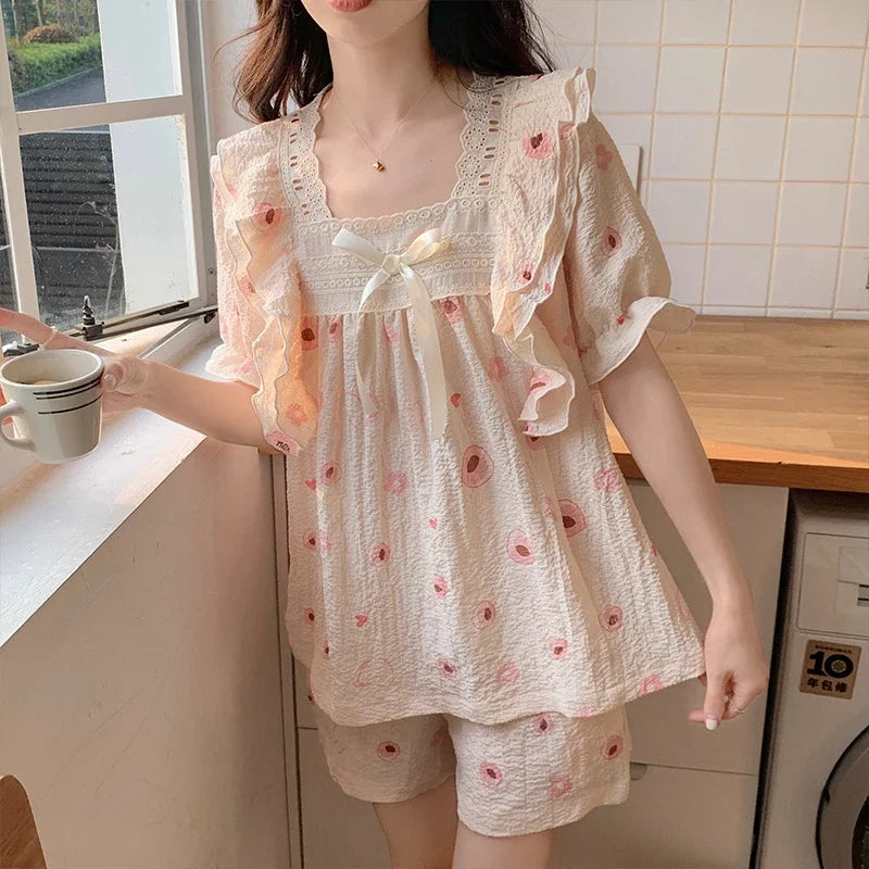 Women’s Kawaii Floral Print Short Sleeve Pajama Set – 2-Piece, Sizes M–XXL
