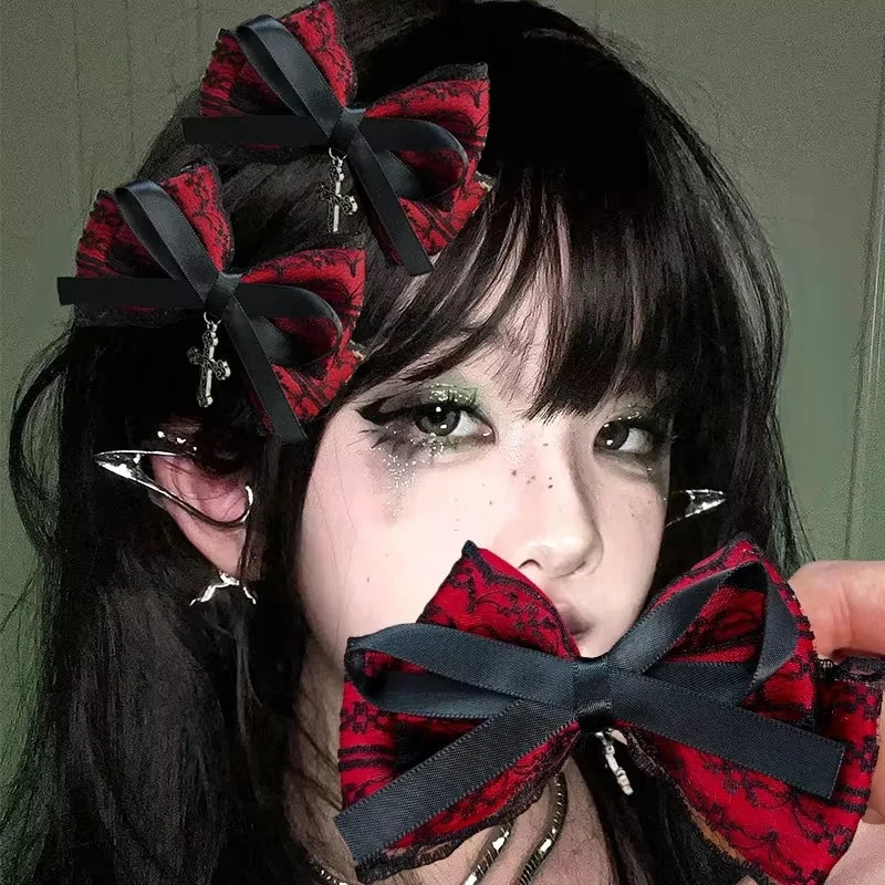 Y2K Gothic Cross Lace Bow Hair Clips – 2-Pack, Bowknot Hairpin, Red & Black