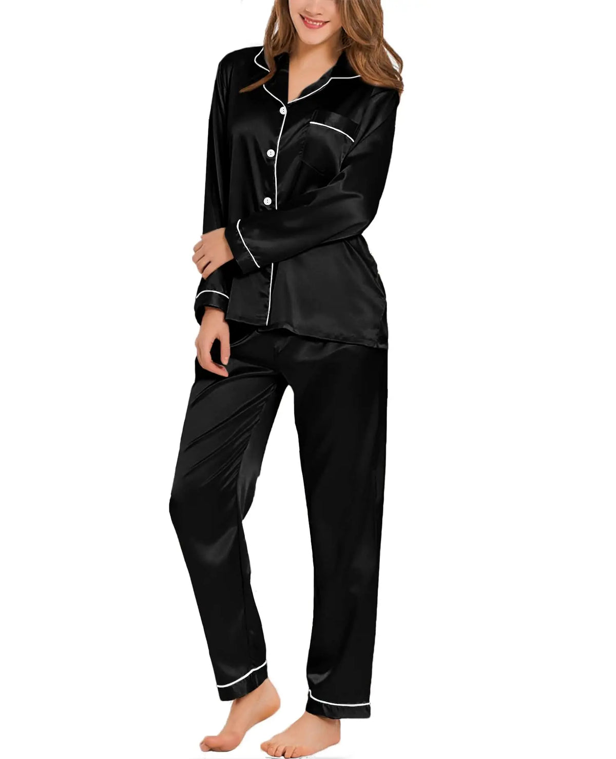 Women’s Silk Satin Button-Down Pajama Set – Long Sleeve, 6 Colors, Sizes S–XXL