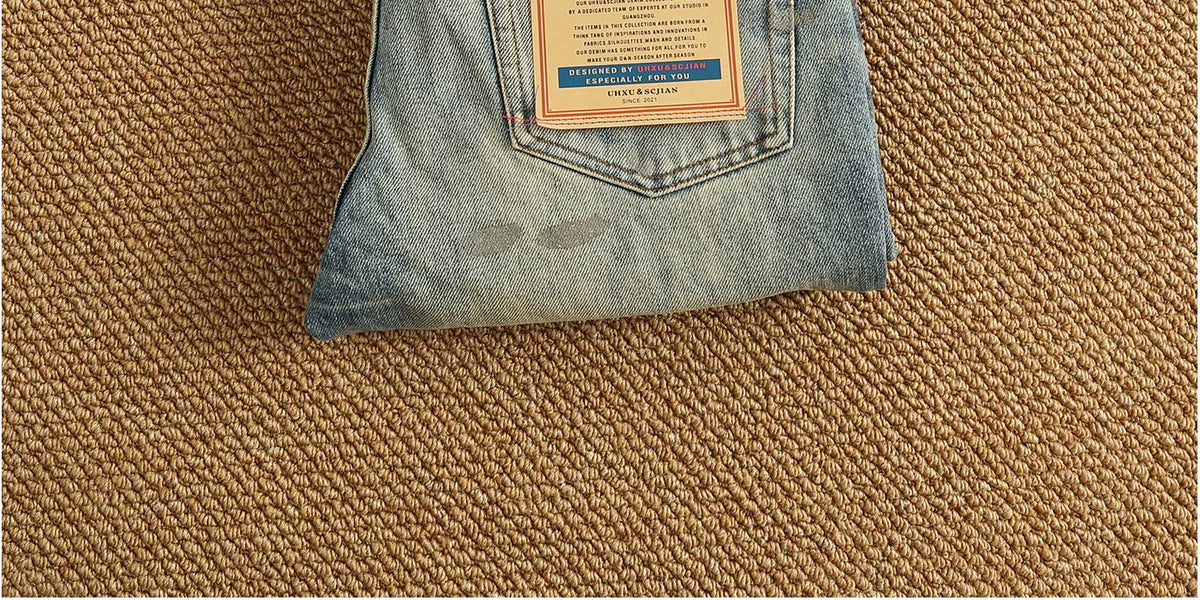 Men’s Retro Heavyweight Straight Tapered Jeans – 100% Cotton, Washed Denim, Sizes 29–38