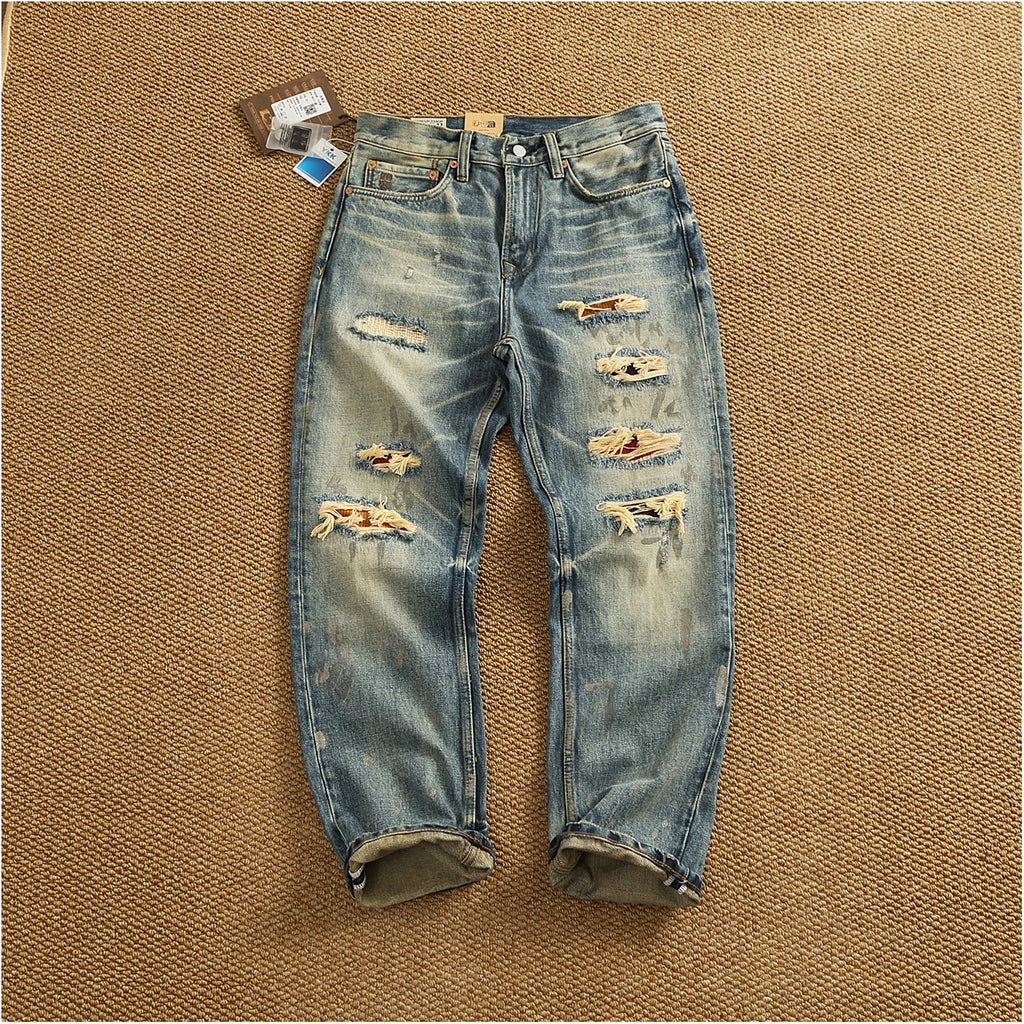 Men’s Retro Heavyweight Straight Tapered Jeans – 100% Cotton, Washed Denim, Sizes 29–38