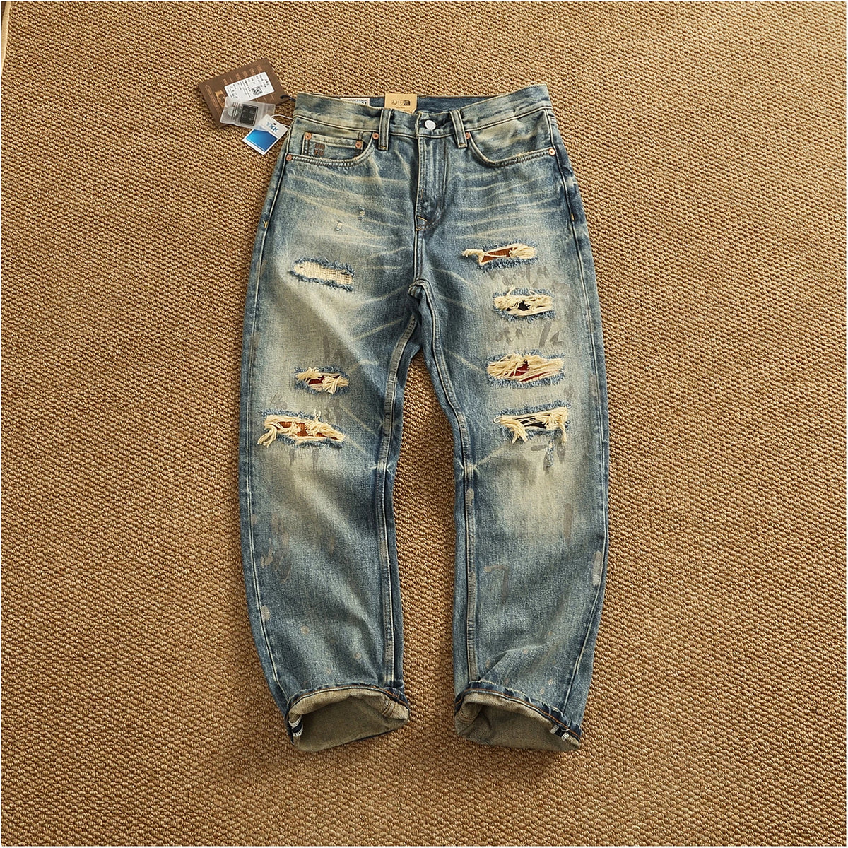 Men’s Retro Heavyweight Straight Tapered Jeans – 100% Cotton, Washed Denim, Sizes 29–38