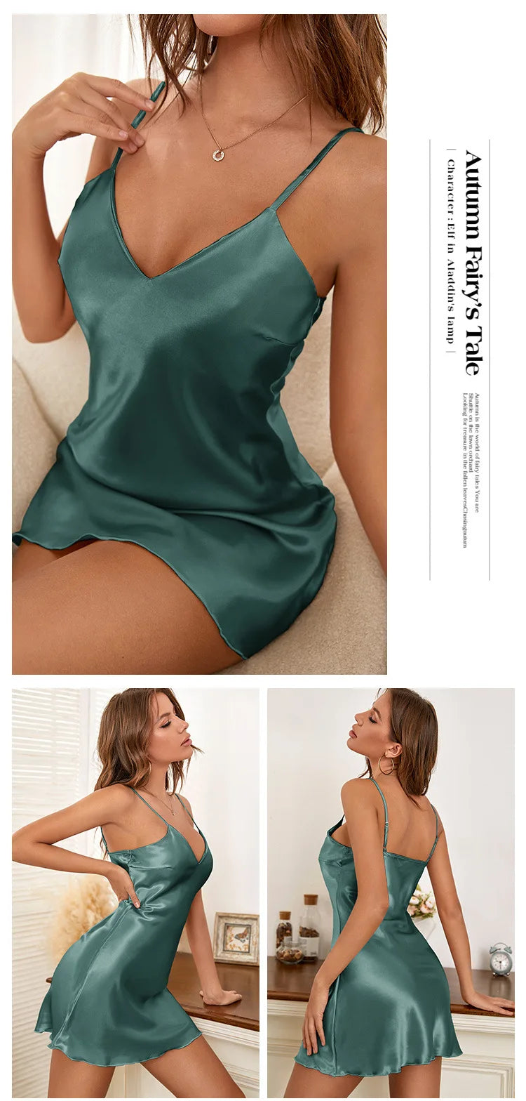 Women’s Ice Silk Satin Slip Nightgown – V-Neck, 5 Colors, Sizes S–XL
