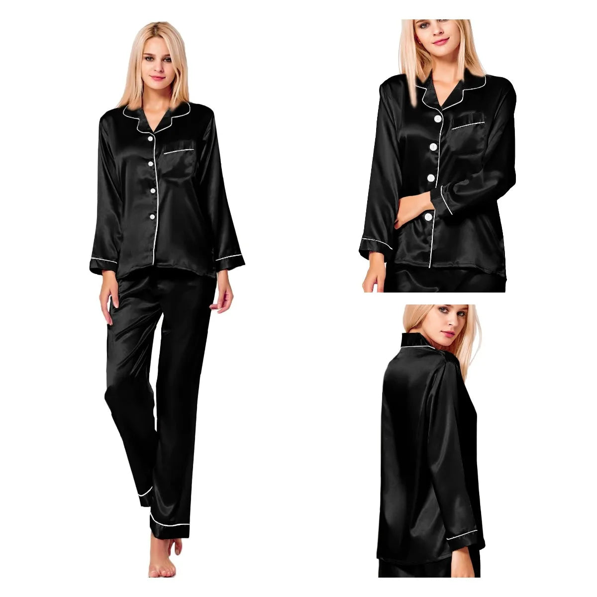 Women’s Silk Satin Button-Down Pajama Set – Long Sleeve, 6 Colors, Sizes S–XXL