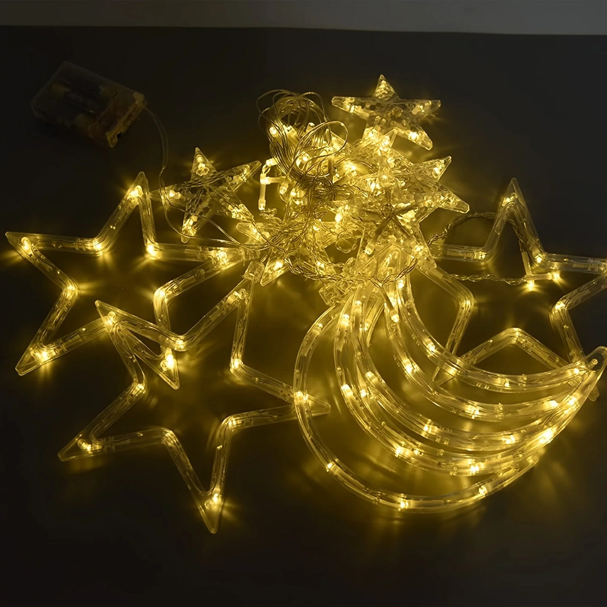 Star Moon Curtain String Lights – 3.5M, Battery Powered, Warm White & Multicolor, Room Decor