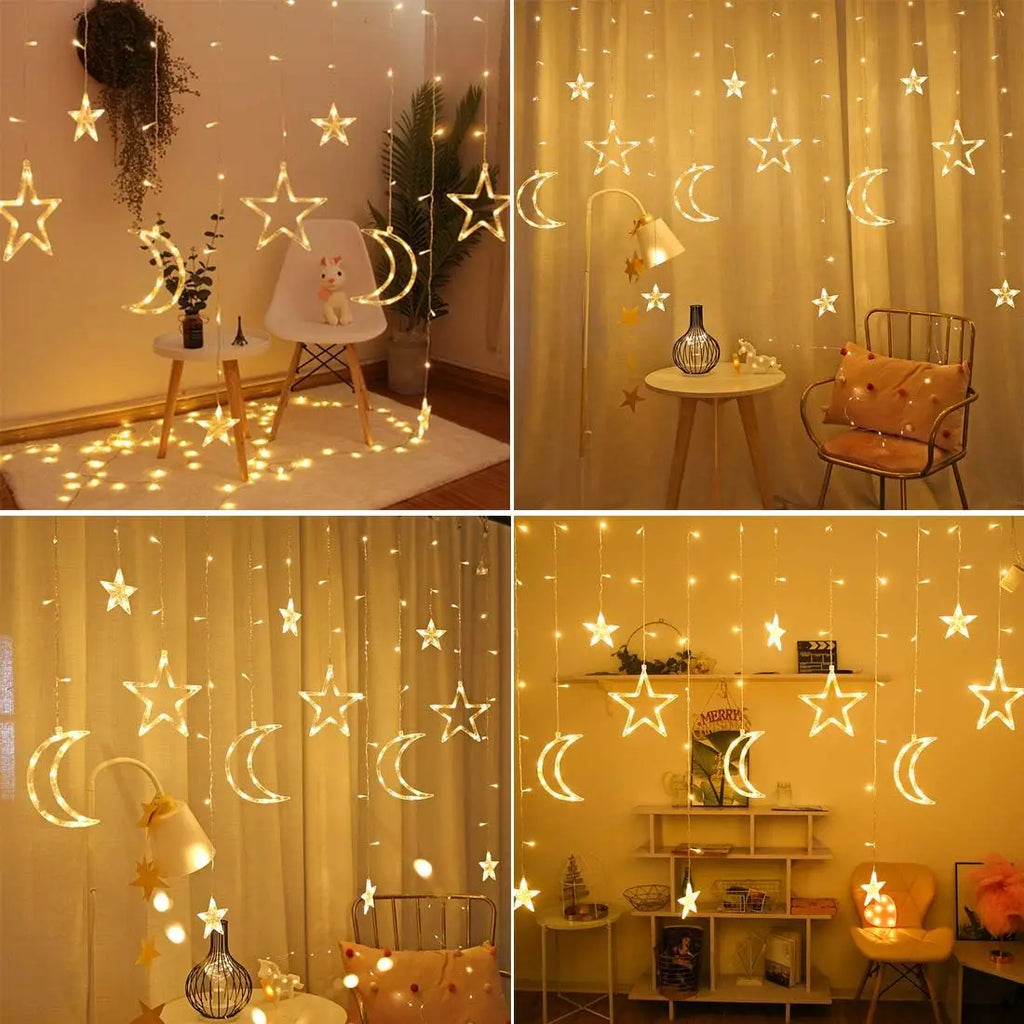 Star Moon Curtain String Lights – 3.5M, Battery Powered, Warm White & Multicolor, Room Decor