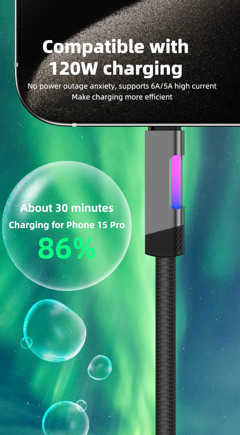 RGB Fast Charging USB-C Cable – 120W 6A, Ambient Light, 1m & 2m