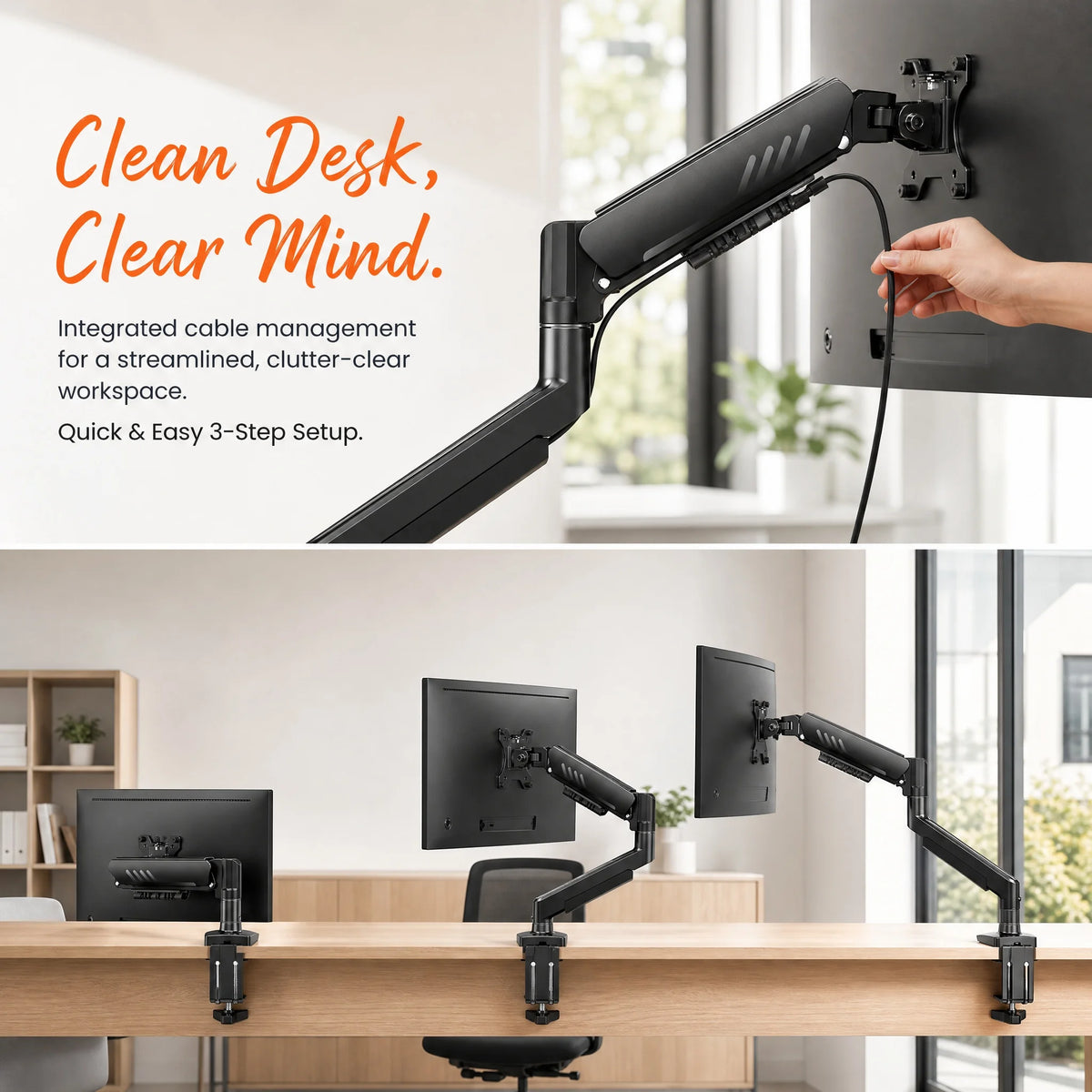Single Monitor Arm – Gas Spring, 13–34 Inch, VESA 75/100mm, C-Clamp & Grommet, 4.4–19lbs