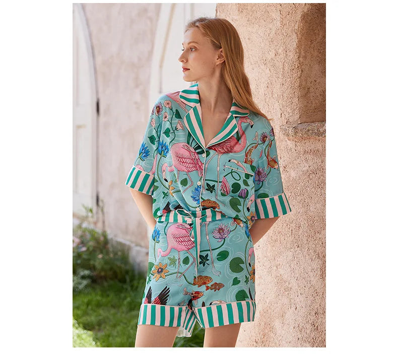 Women’s Ice Silk Short Sleeve Pajama Set – Casual Sleepwear, Sizes M–2XL