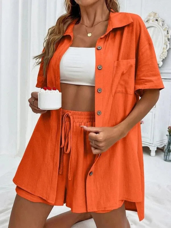 Women’s Cotton Button Shirt & Shorts Pajama Set – Casual 2-Piece, 6 Colors, Sizes S–XL