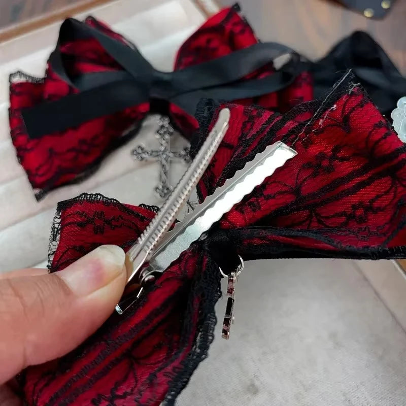 Y2K Gothic Cross Lace Bow Hair Clips – 2-Pack, Bowknot Hairpin, Red & Black