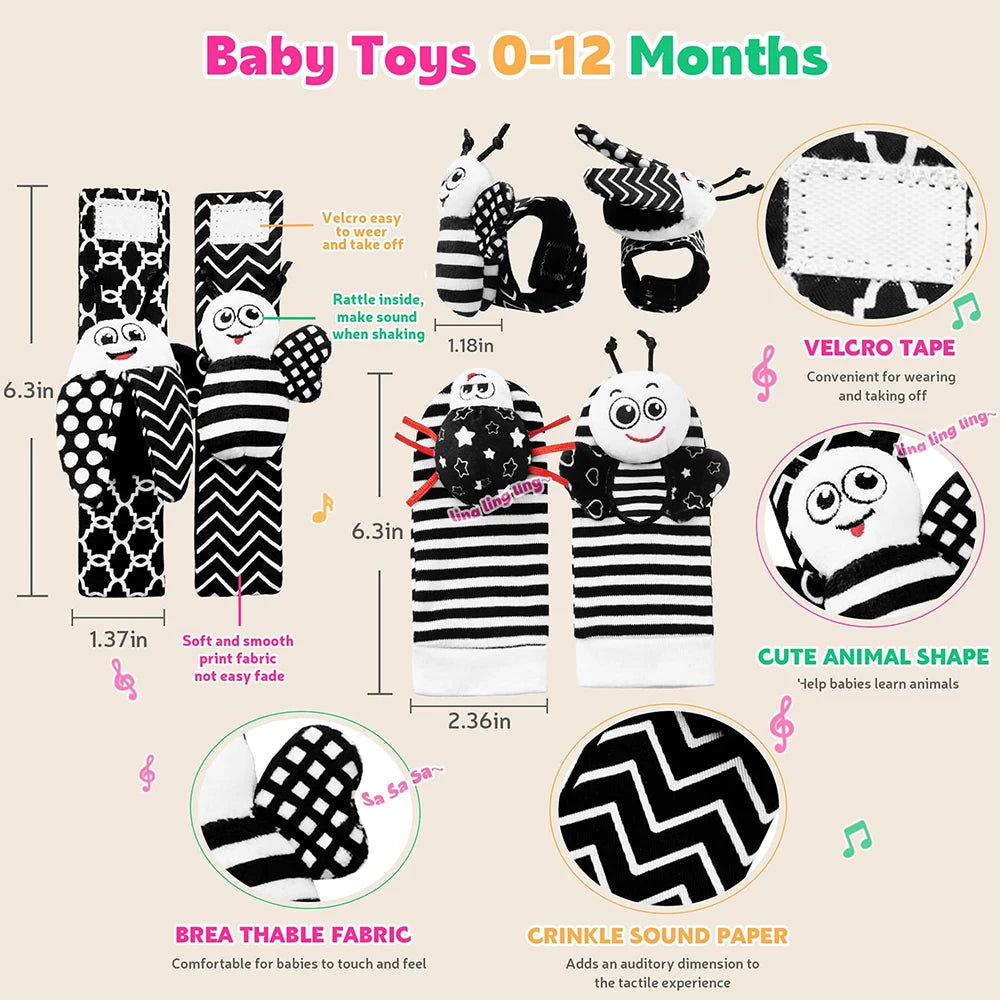 Baby Wrist Rattle & Foot Finder Sensory Toy Set – Black & White, Newborn Essential