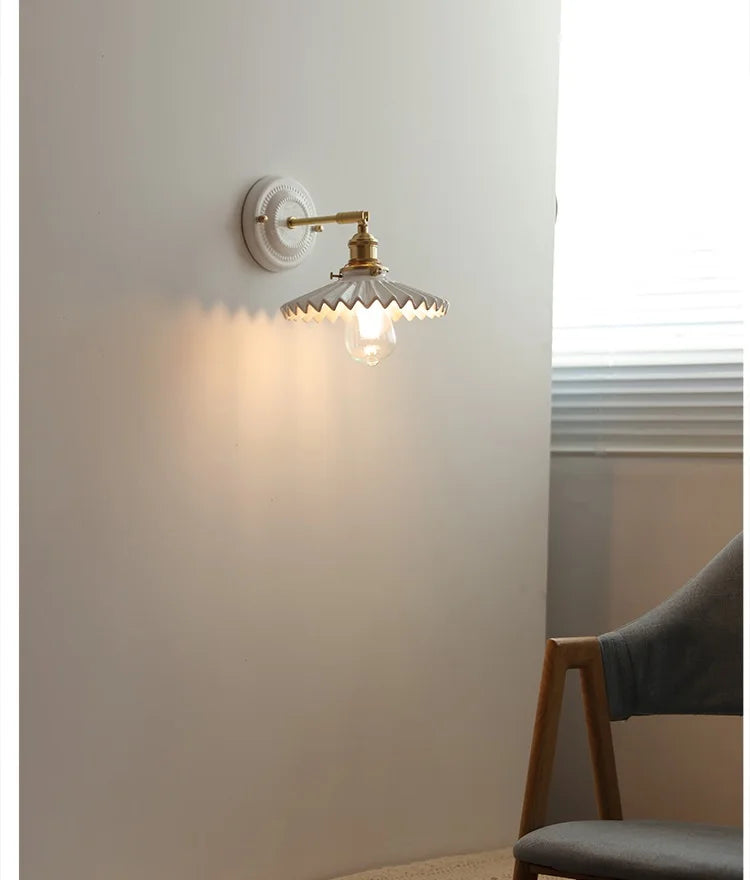 IWHD White Ceramic Nordic Wall Lamp – LED, Bedroom & Bathroom, Copper Accent, 4W–100W