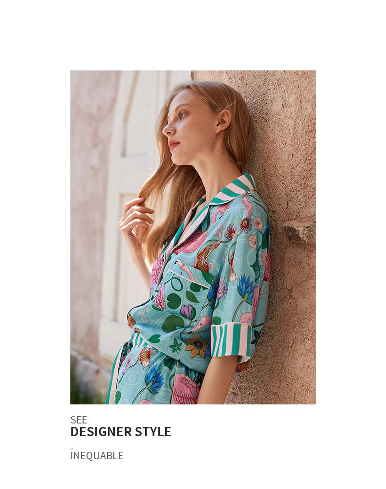 Women’s Ice Silk Short Sleeve Pajama Set – Casual Sleepwear, Sizes M–2XL