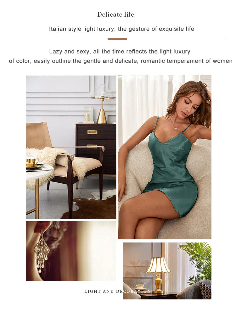 Women’s Ice Silk Satin Slip Nightgown – V-Neck, 5 Colors, Sizes S–XL