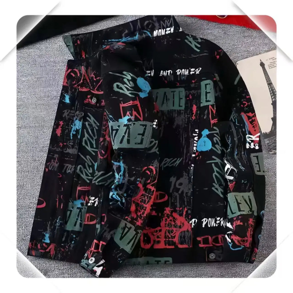 Men’s Vintage Print Denim Jacket – Loose Casual Long Sleeve Outerwear, Sizes M–XXXL