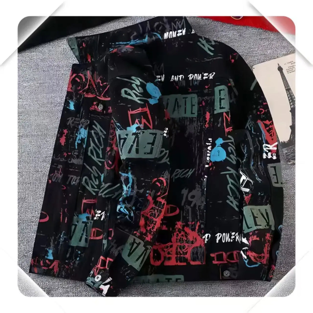 Men’s Vintage Print Denim Jacket – Loose Casual Long Sleeve Outerwear, Sizes M–XXXL