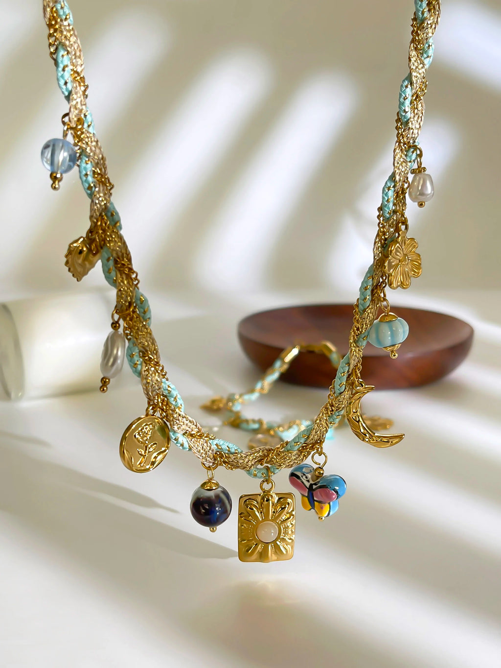Pearl Acrylic Pendant Necklace & Bracelet Jewelry Set – Woven Chain, Stainless Steel, Party
