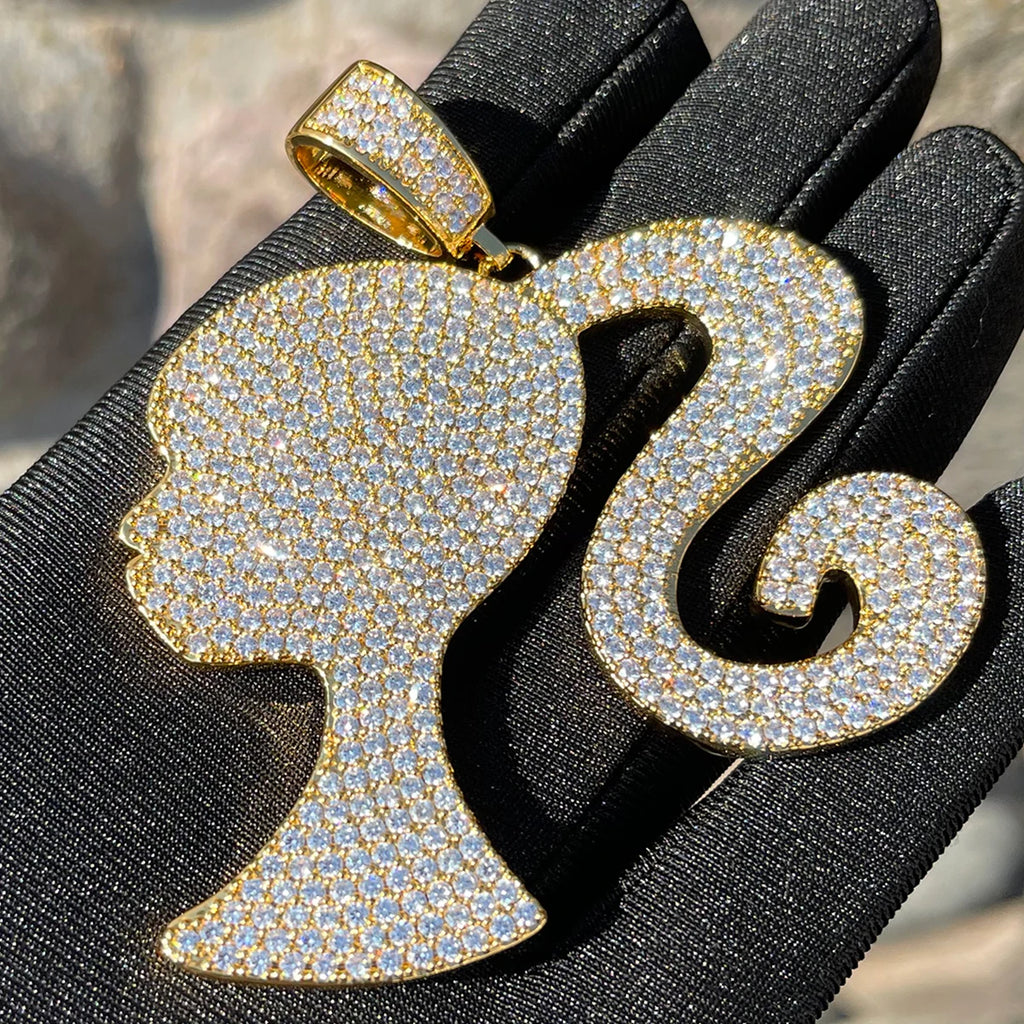 Gold Plated Bubble Letter Iced Out Doll Head Pendant Necklace – Hip Hop, Women’s Fashion