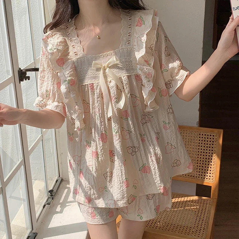 Women’s Kawaii Floral Print Short Sleeve Pajama Set – 2-Piece, Sizes M–XXL