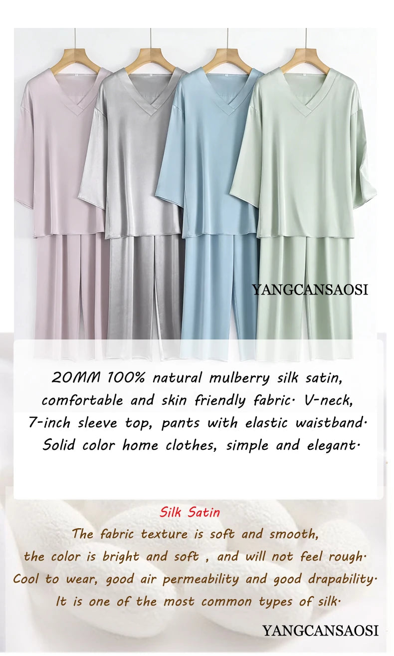 100% Mulberry Silk Satin Pajama Set – V-Neck, Three-Quarter Sleeve, 7 Colors, Sizes L–1XL