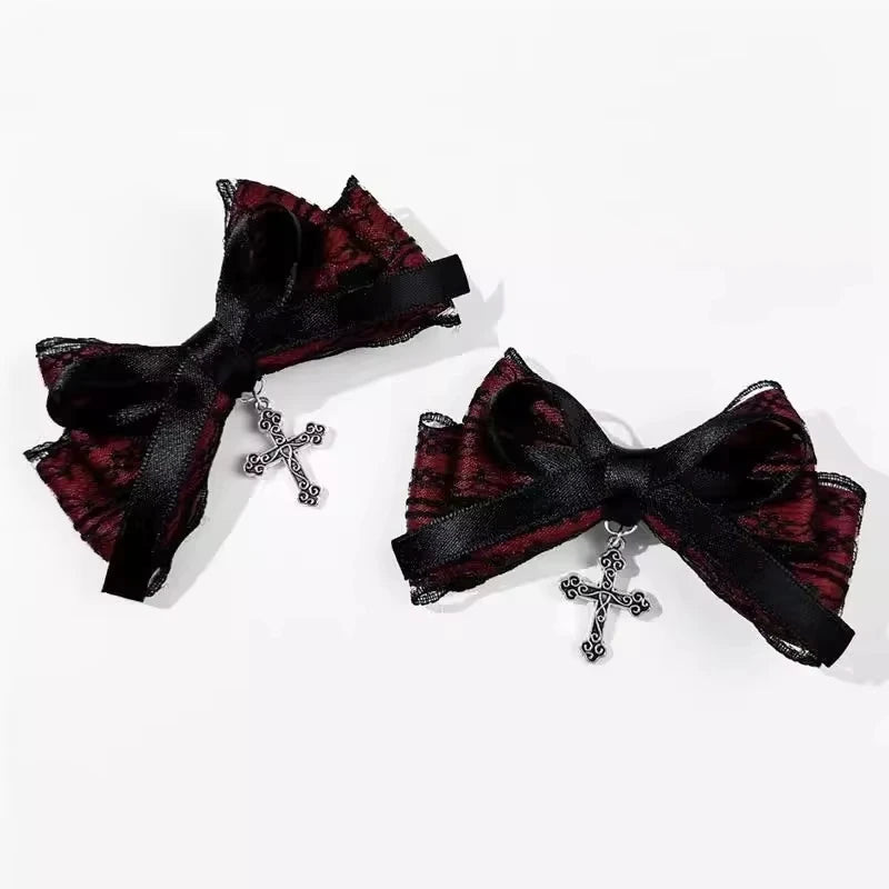 Y2K Gothic Cross Lace Bow Hair Clips – 2-Pack, Bowknot Hairpin, Red & Black