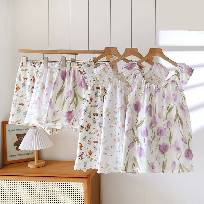Women’s 100% Cotton Crepe Vest & Shorts Pajama Set – Loose Fit, Sizes M–XL