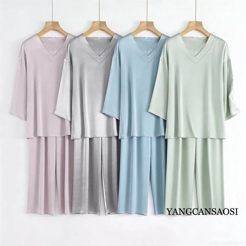 100% Mulberry Silk Satin Pajama Set – V-Neck, Three-Quarter Sleeve, 7 Colors, Sizes L–1XL