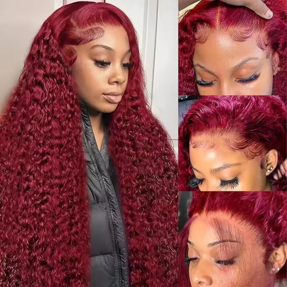 99J Burgundy Deep Wave 13x4 HD Lace Front Human Hair Wig – 16–34 Inch, Pre-Plucked