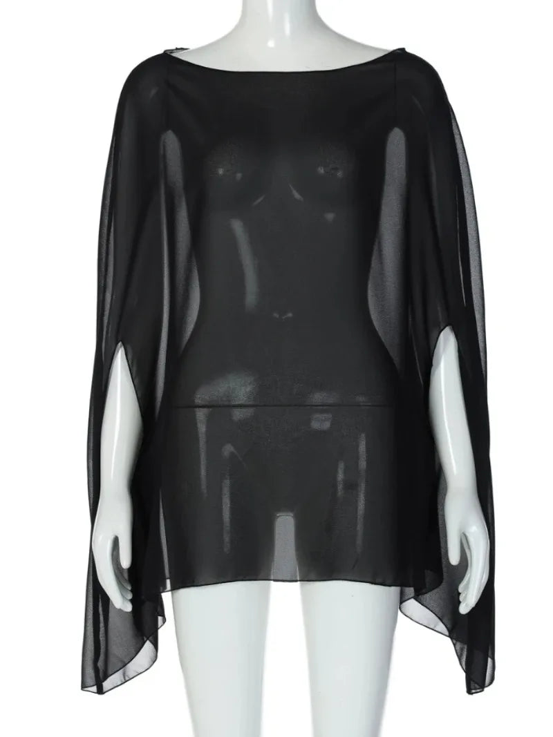 Women’s Sheer Chiffon Blouse Cover-Up Top – Sexy, Elegant, White & Black, Night Club