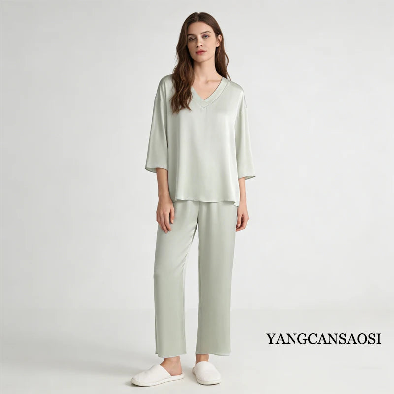 100% Mulberry Silk Satin Pajama Set – V-Neck, Three-Quarter Sleeve, 7 Colors, Sizes L–1XL