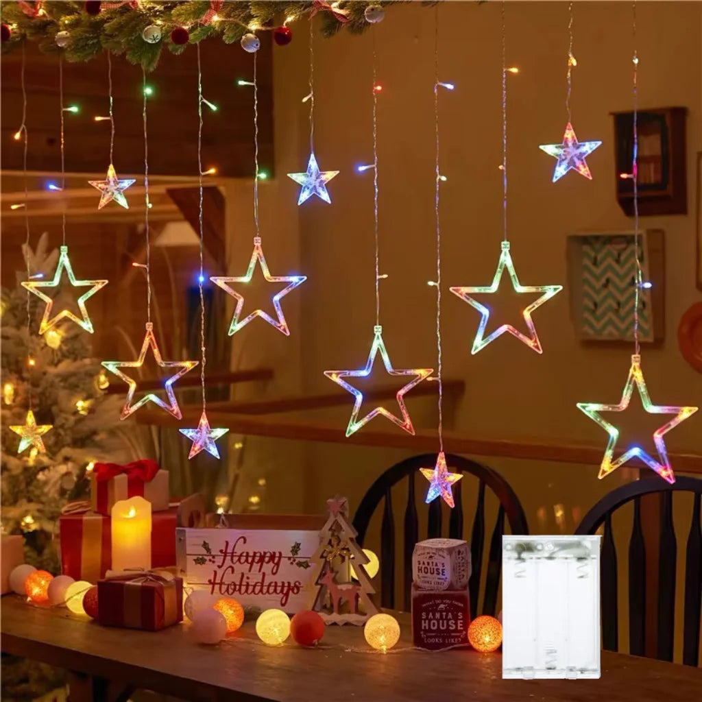 Star Moon Curtain String Lights – 3.5M, Battery Powered, Warm White & Multicolor, Room Decor