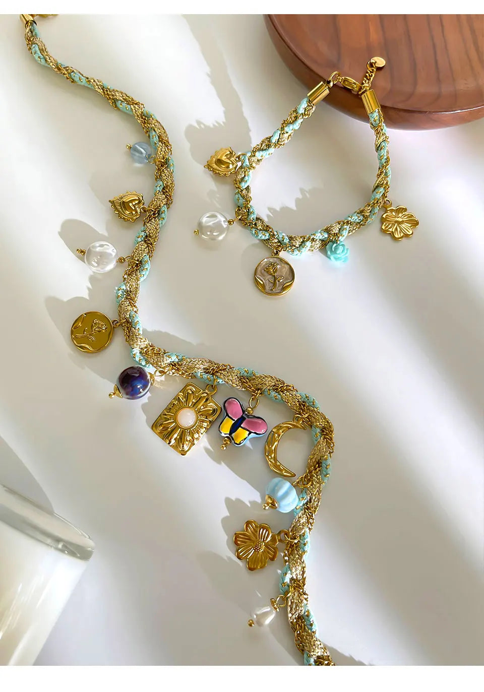 Pearl Acrylic Pendant Necklace & Bracelet Jewelry Set – Woven Chain, Stainless Steel, Party