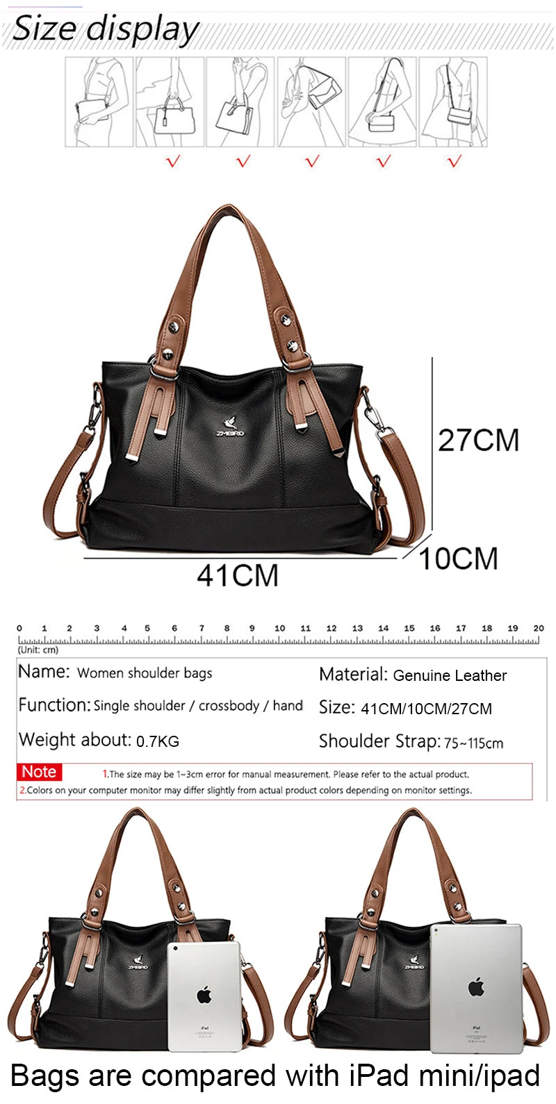 Women’s Genuine Cowhide Leather Crossbody Handbag – Large Capacity Shoulder Messenger Bag