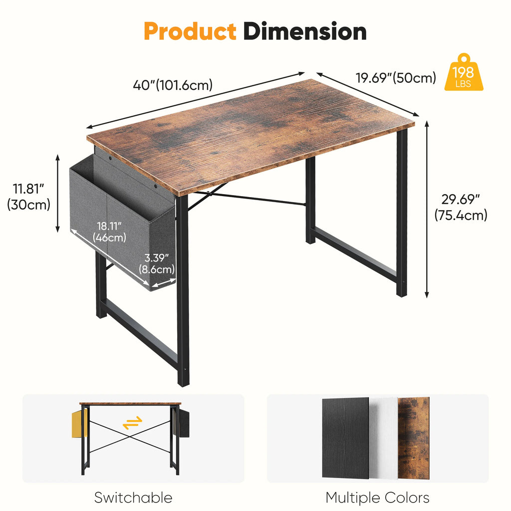 Computer Gaming Desk with Storage Bag – Metal Frame, Wood Tabletop, 31–55 Inch – Black, Rust, White