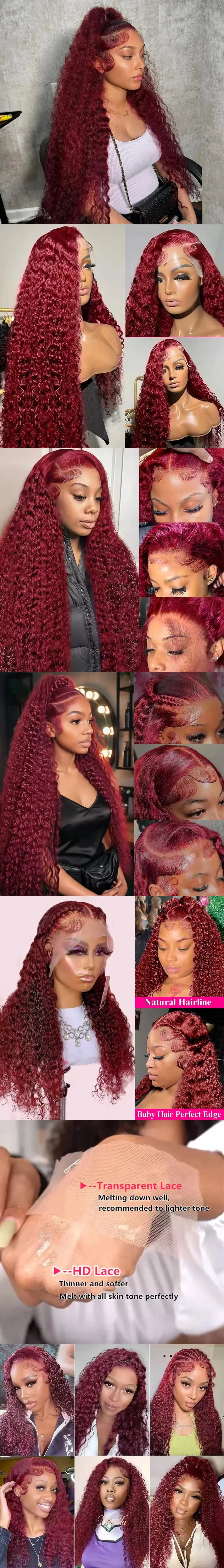 99J Burgundy Deep Wave 13x4 HD Lace Front Human Hair Wig – 16–34 Inch, Pre-Plucked