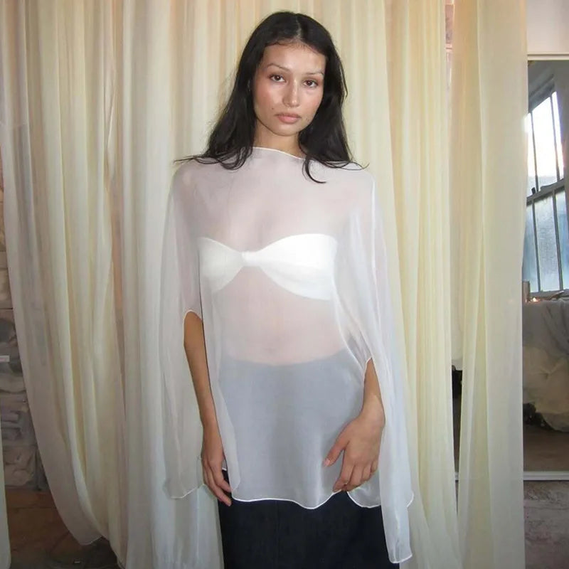 Women’s Sheer Chiffon Blouse Cover-Up Top – Sexy, Elegant, White & Black, Night Club
