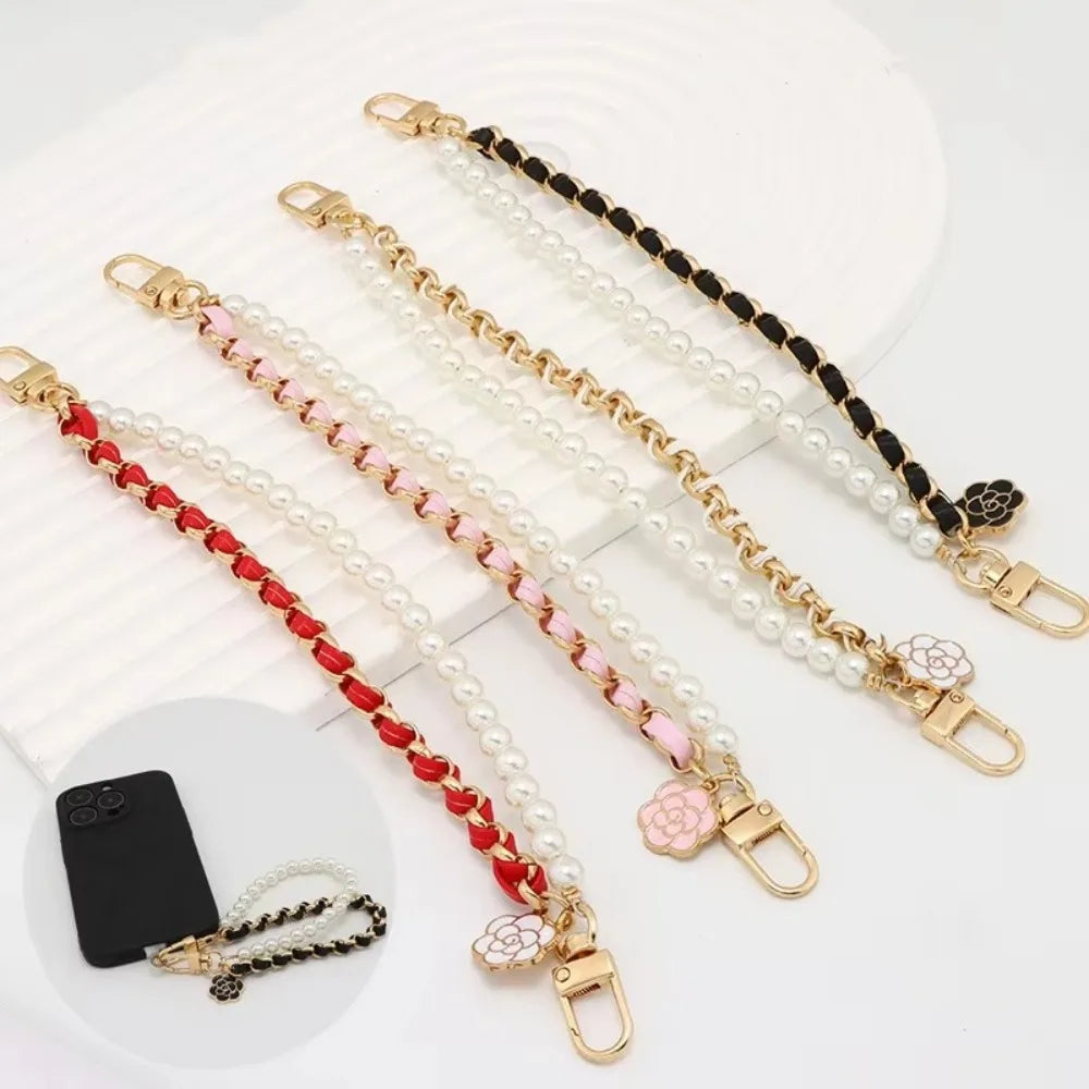 Leather Pearl Camellia Phone Charm Bracelet – Anti-Loss Wrist Strap, 26cm – White, Pink, Black