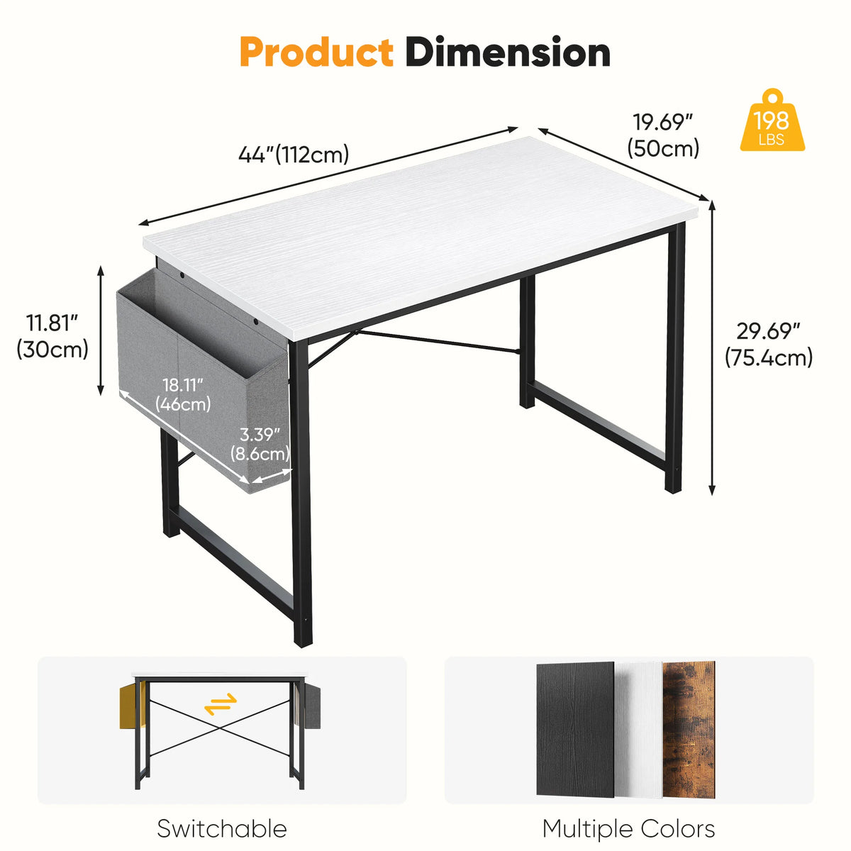 Computer Gaming Desk with Storage Bag – Metal Frame, Wood Tabletop, 31–55 Inch – Black, Rust, White