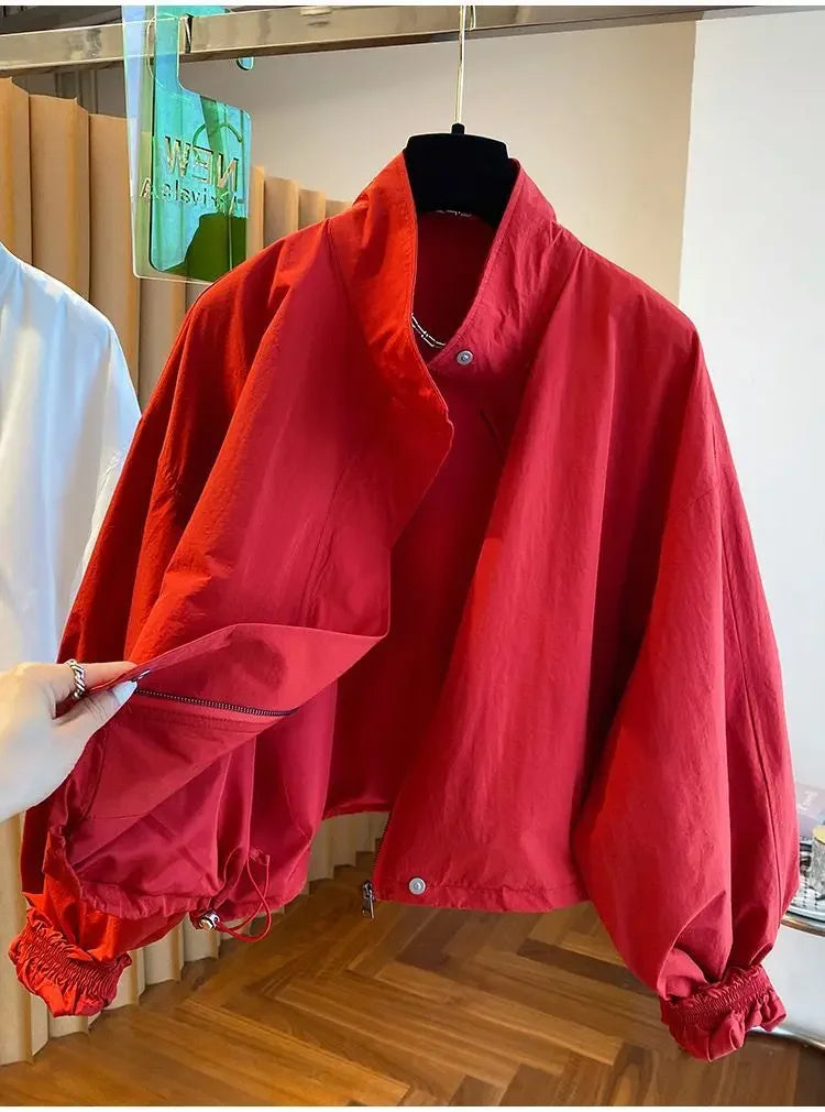 Women’s Red Stand Collar Zip-Up Jacket – Casual Loose Fit, Drawstring Cuffs, Autumn & Spring