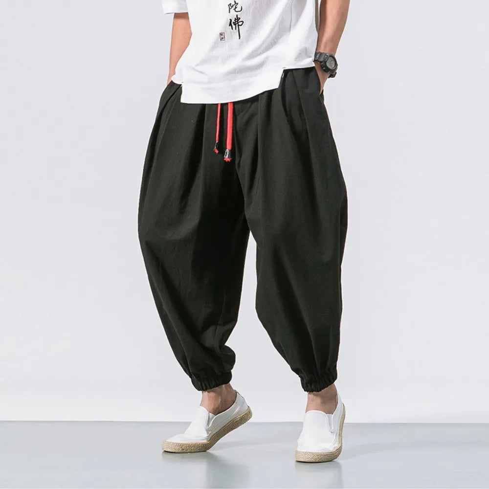 Men’s Oversized Cotton Linen Harem Jogger Pants – Chinese Style, Casual Trousers