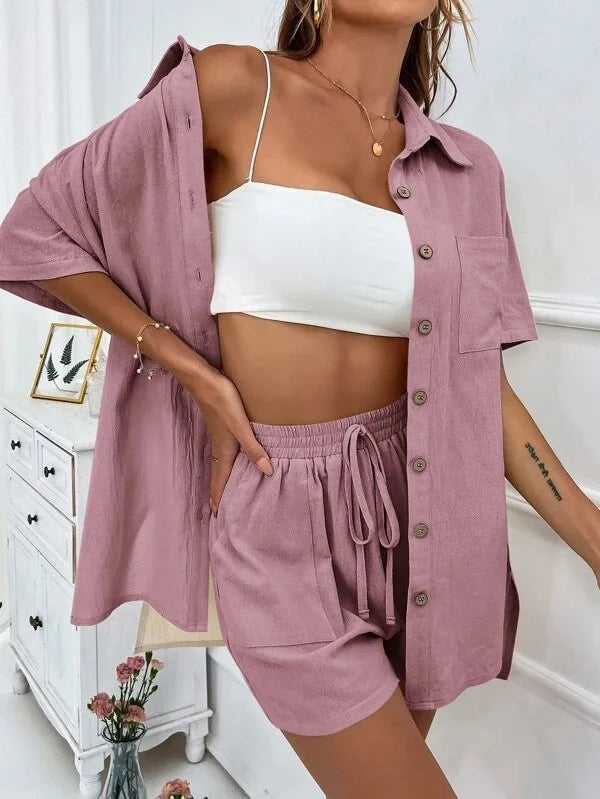 Women’s Cotton Button Shirt & Shorts Pajama Set – Casual 2-Piece, 6 Colors, Sizes S–XL