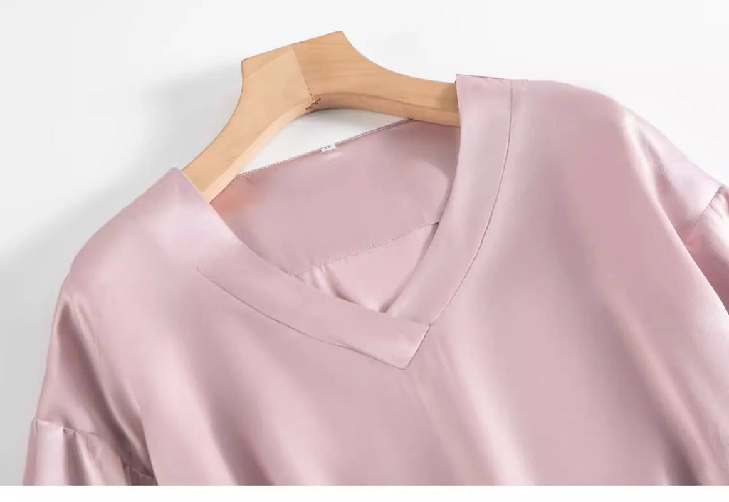 100% Mulberry Silk Satin Pajama Set – V-Neck, Three-Quarter Sleeve, 7 Colors, Sizes L–1XL